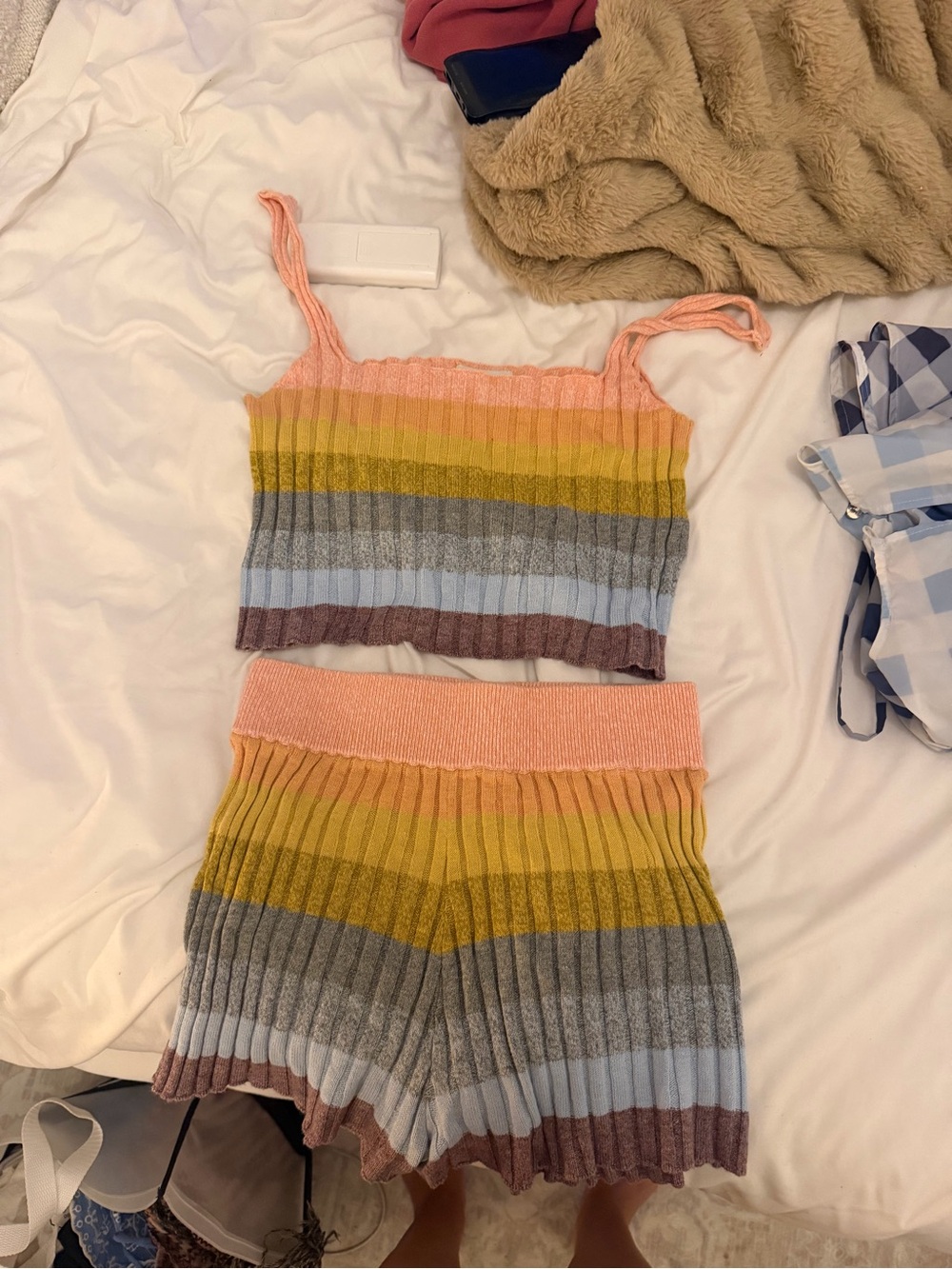 INTERMIX Peach Multi-Stripe Knit Tank and Shorts Set